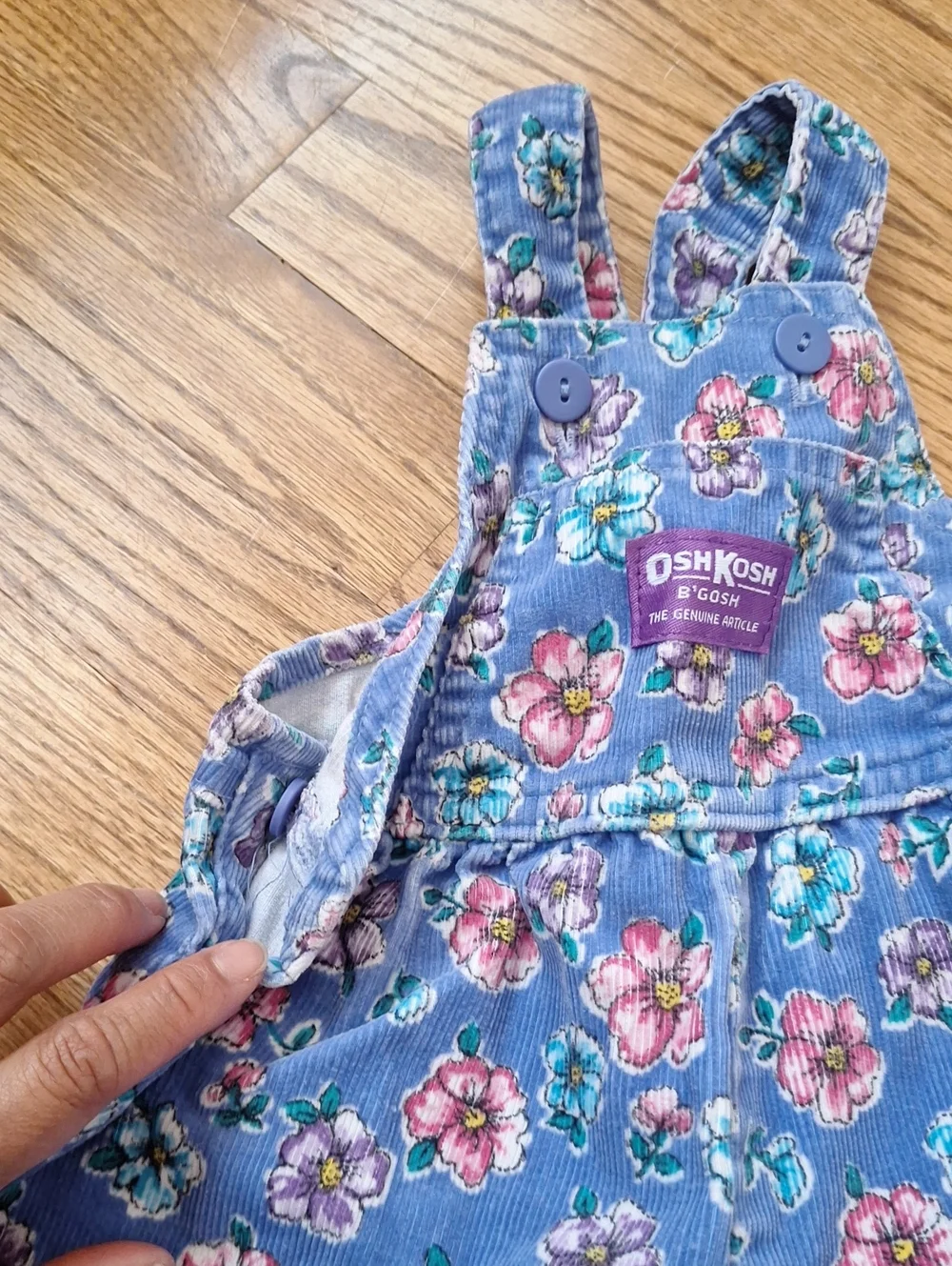 Vintage OshKosh B'gosh Blue Floral Corduroy Overalls Pink and Teal Flowers 12M